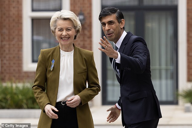 British Prime Minister Rishi Sunak greets European Commission President Ursula von der Leyen at the Fairmont Hotel on February 27, 2023 in Windsor, England