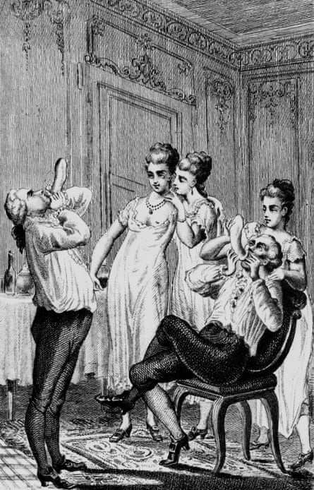 An engraving showing Giacomo Casanova inflating a condom