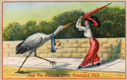 A Victorian postcard on the theme of contraception, showing a woman swatting away the stork that brought her child