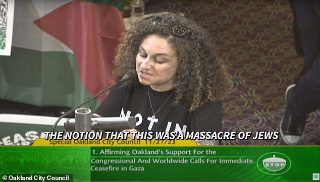“The idea that this was a mass murder of Jews is a fabricated story.  Many of those killed on October 7, including children, were killed by the IDF.  An amendment condemning Hamas is bald propaganda,” this woman said
