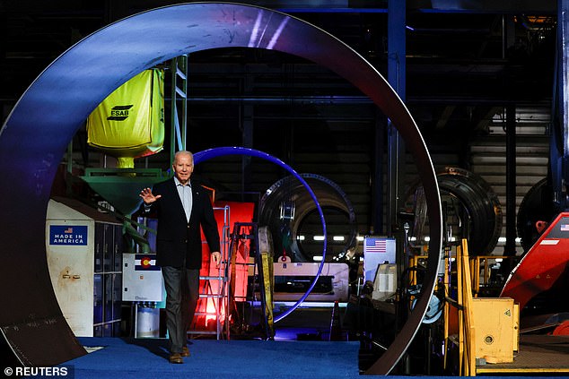 Joe Biden gestures during his visit to CS Wind, the world's largest manufacturer of wind turbines, in Pueblo, Colorado