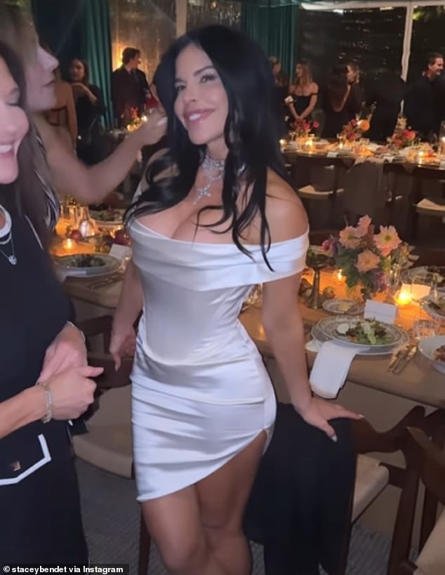 Designer Stacey Bendet shared a behind-the-scenes photo of Sanchez wearing an off-the-shoulder white mini dress to the star-studded party