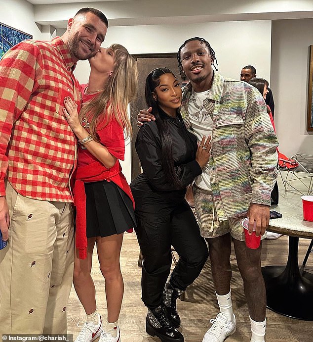 Swift and Kelce are seen with Kelce's Kansas City Chiefs teammate, Mercole Hardman, and his partner, Chariah Gordon, at a post-game party on October 23.