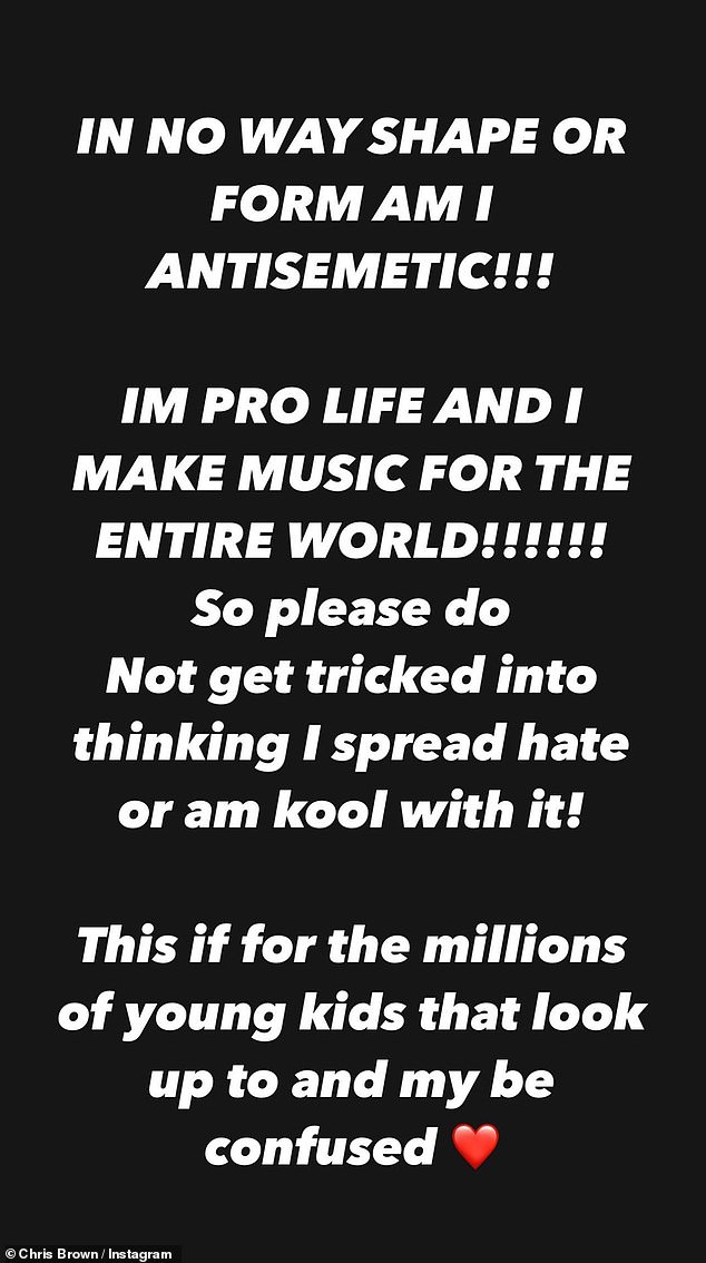 Chris Brown issued a statement on Instagram on Sunday denying accusations that he is anti-Semitic