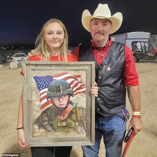 Baldwin had donated $5,000 to the Marine's family's GoFundMe, set up by Roice McCollum, pictured here with a photo of her late brother