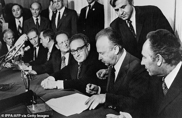 Israeli Prime Minister Yitzhak Rabin reads the Sinai Interim Agreement, also known as the Sinai II Agreement, in Jerusalem on September 2, 1975