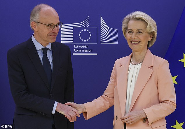 European Commission President Ursula von der Leyen (R) welcomes Luxembourg Prime Minister Luc Frieden ahead of a meeting in Brussels, Belgium, November 29, 2023
