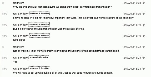 The investigation also showed messages between Sir Chris Whitty and Sir Patrick Vallance expressing surprise that Boris Johnson and Mr Hancock were unaware of asymptomatic transmission.  Speaking on July 24, 2020, Sir Patrick, then chief scientific adviser, said: 'Why are the Prime Minister and Matt Hancock saying we knew nothing about asymptomatic transmission?'