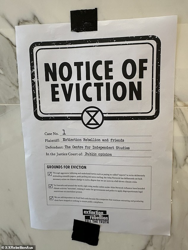 The notice of eviction is depicted, drawn up by demonstrators