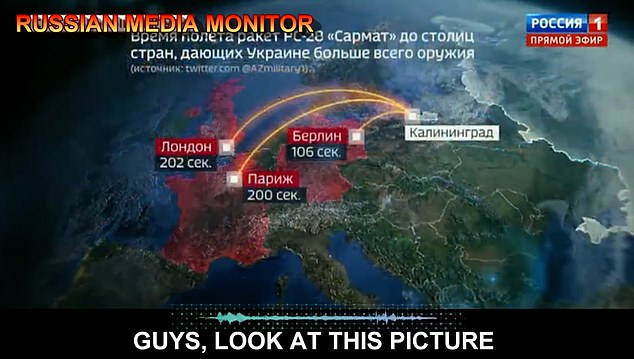Last year, Russian state television published a map showing how long it would take for Russian missiles to hit Britain, France and Germany if launched from Kaliningrad.