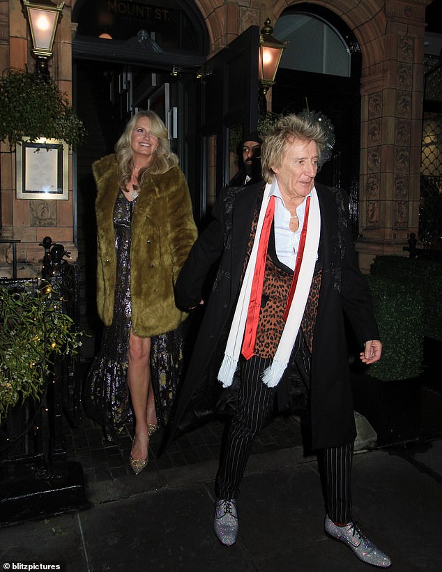 Penny Lancaster, 53, put on a VERY leggy show alongside her stylish husband Rod Stewart, 78, as the pair joined Christian and Geri Horner to celebrate the Formula 1 star's birthday at Mount St. restaurant in Mayfair on Wednesday evening