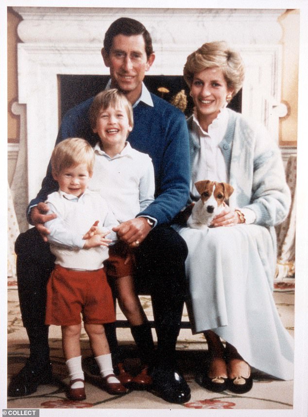 The auction house stated that Diana told the recipient of the card that Harry had made it special.  In the photo: King Charles, Diana, William and Harry