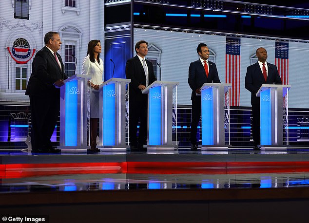 Republican presidential candidates (L-R) former New Jersey Governor Chris Christie, former UN Ambassador Nikki Haley, Florida Governor Ron DeSantis, Vivek Ramaswamy and US Senator Tim Scott