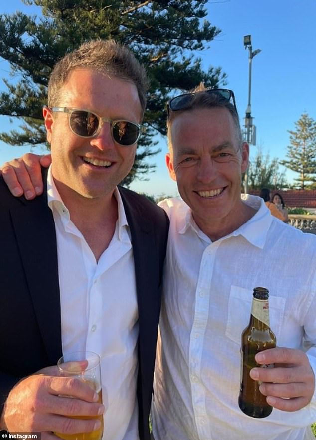 The AFL star attended the wedding of his friend James Brayshaw and partner Lisa in Perth on Friday.  He was joined by a number of his footmates including Garry Lyon, Luke Darcy and Angus Brayshaw and cricketer Greg Blewett.