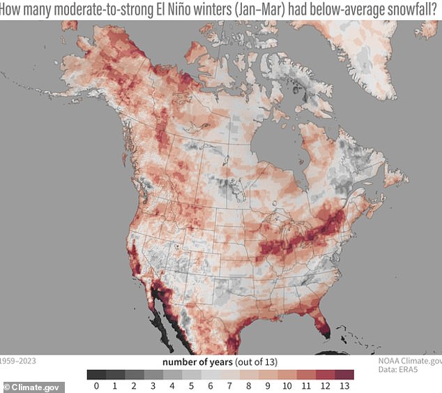 The above map from NOAA shows the number of years with below-average snowfall during the 13 moderate to strong El Niño winters that have occurred since 1959