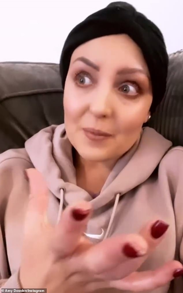 Emotional: Amy Dowden, 33, choked back tears on Instagram as she admitted she 'hates looking at herself in the mirror right now' during her breast cancer journey on Tuesday