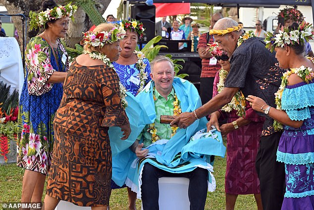 Anthony Albanese enjoyed the hospitality of Cook Island locals after pledging $350 million to the Pacific Climate Infrastructure Financing Partnership on Thursday.