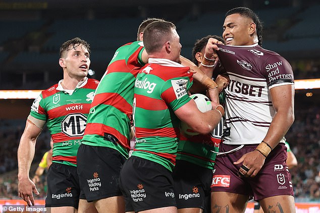 The Sea Eagles, Rabbitohs, (both pictured) Broncos and Roosters kick off the NRL 2024 premiership at Allegiant Stadium in Las Vegas on March 3 with a double header