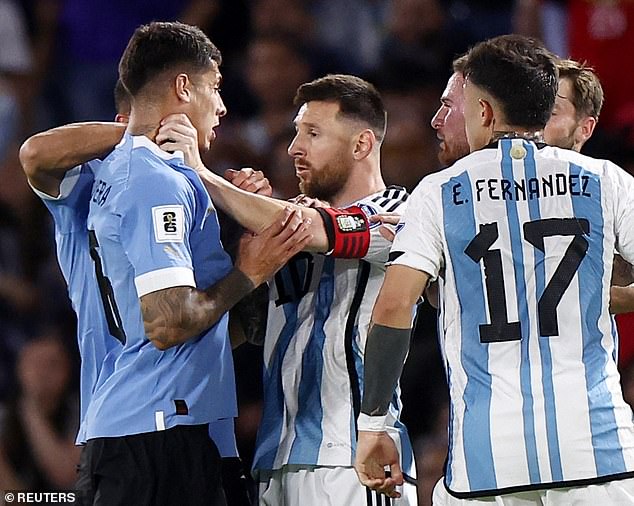 Lionel Messi put his hands around the throat of Uruguayan Mathias Olivera during a match