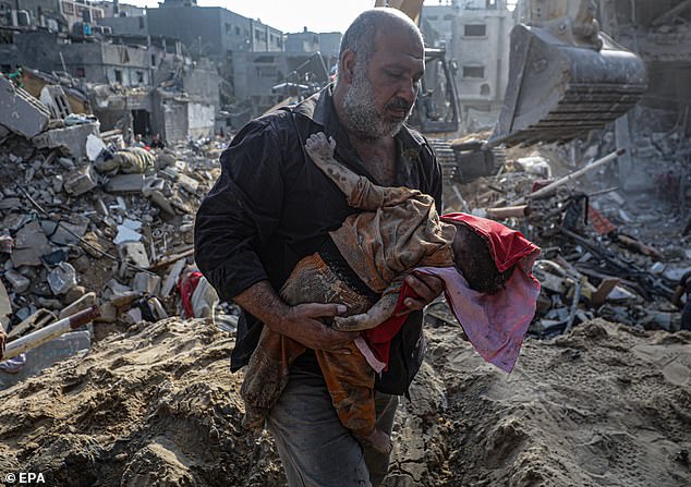 A Palestinian man carries the body of a baby found under the rubble of the Jabalya refugee after Wednesday's bombing of a camp in the Gaza Strip where dozens are said to have been killed.  Argentina joined Bolivia, Chile and Colombia in condemning Israel for its continued military attacks