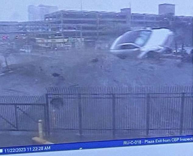 This astonishing new image shows the moment the $300,000 Bentley involved in the Niagara Falls checkpoint explosion soared through the air moments before it ignited