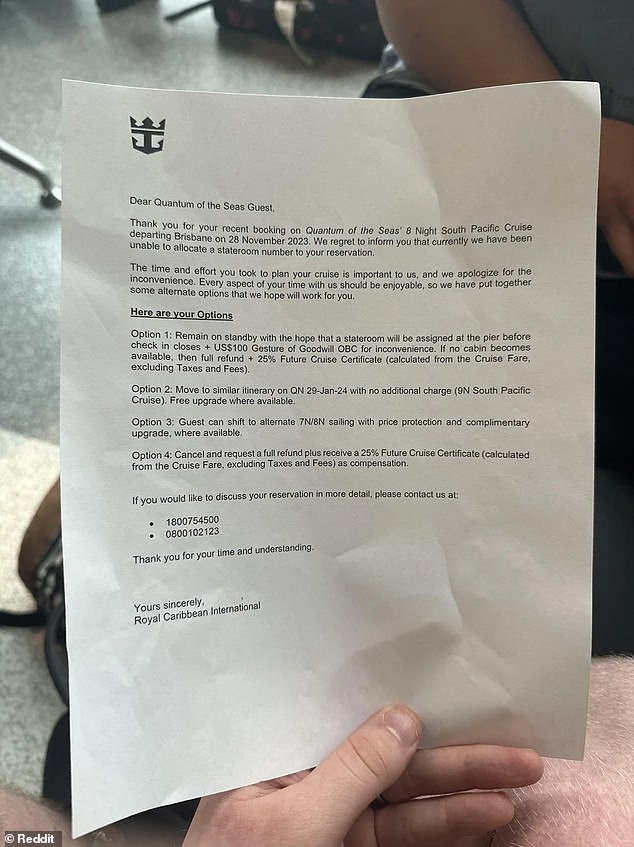 The couple received a letter from Royal Caribbean stating they could choose from four options for compensation in lieu of boarding the cruise that cost at least $595 each.