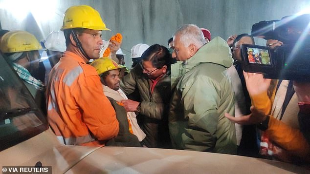 One of the trapped workers is checked after being rescued from the collapsed tunnel site in Uttarkashi in northern Uttarakhand state, India, November 28, 2023