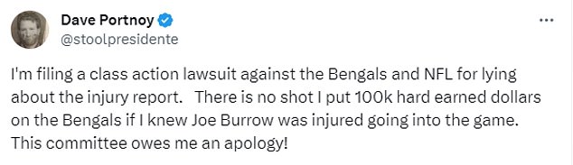 And Portnoy was furious after his big bet on covering the Bengals was unsuccessful