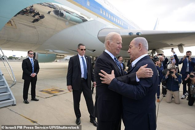 President Joe Biden hugged Israeli Prime Minister Benjamin Netanyahu after disembarking from Air Force One in Tel Aviv, Israel, on October 18.