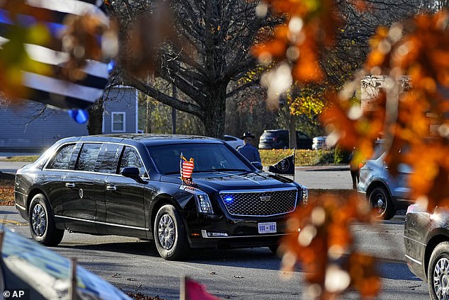 The Beast, featuring the president and first lady, arrives at Just-In-Time bowling in Lewiston, Maine, on Friday, nine days after a gunman killed 18 people at the bowling alley and a bar