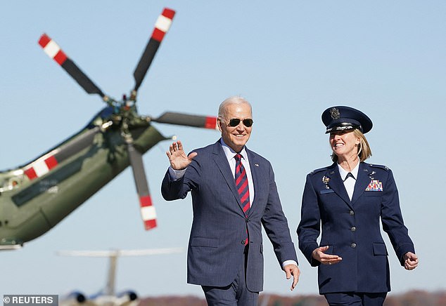 Pressure is mounting on President Joe Biden as more of his officials push for a ceasefire between Israel and Gaza.  Here he is seen boarding Air Force One before flying to San Francisco