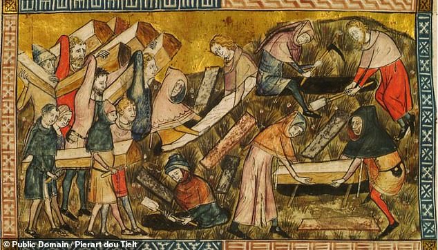 Black women of African descent were more likely to die from the plague in medieval London, academics have found.  Pictured: An image of plague victims being buried during the Black Death, which took place between 1348 and 1350