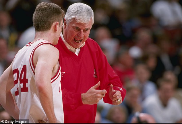 Coach Bobby Knight talks to his guard Michael Lewis during a Big 10 tournament in 1998