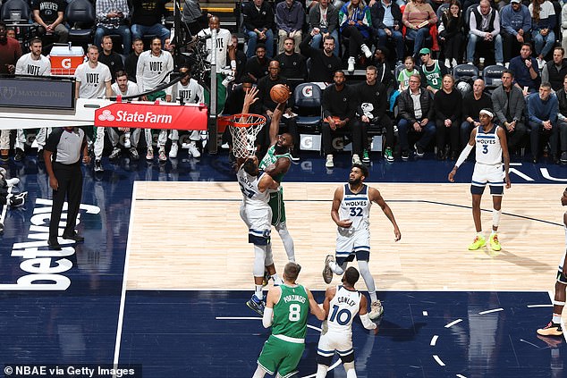 Celtics' Jaylen Brown absolutely made a poster of Timberwolves center Rudy Gobert on Monday