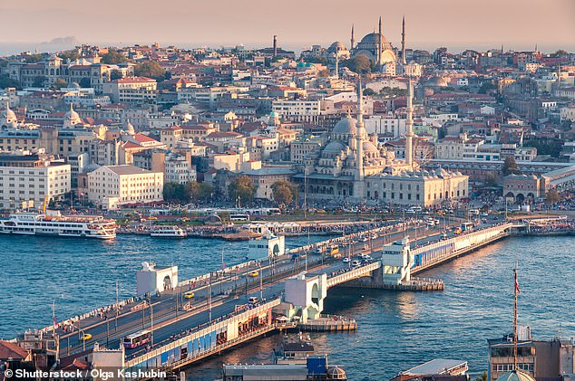 View of the historic city center of Istanbul, Turkey with Galata Bridge and mosques