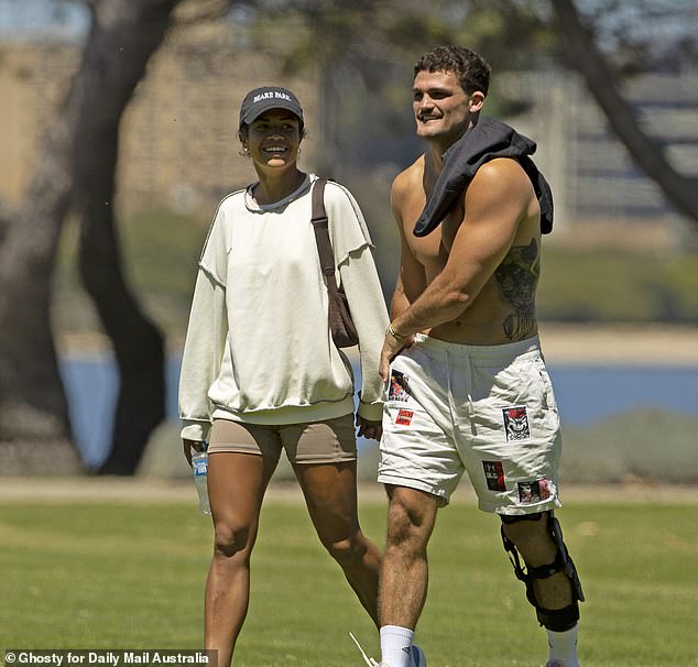 Cleary was pictured wearing the knee brace on November 1 as he caught up with Matilda's star girlfriend Mary Fowler in Perth