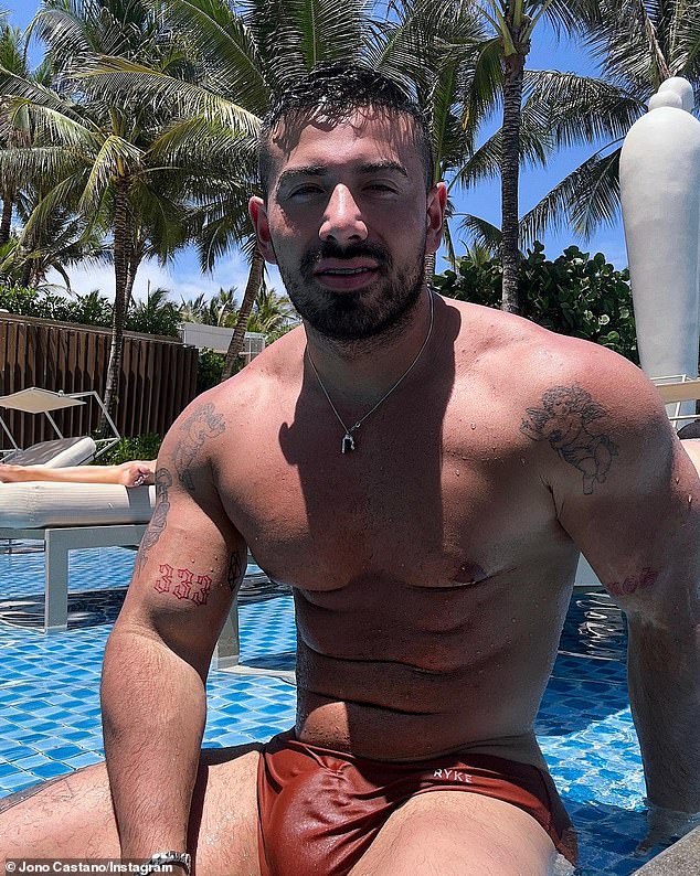 Celebrity PT Jono Castano, 32, has sent fans wild after they noticed a very naughty detail in his shirtless Bali photo while dressed in a pair of speedos.  Pictured