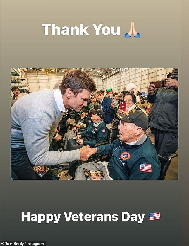 Honoring the troops: The NFL star shared a photo of himself greeting veterans and shaking their hands.  With the photo, he thanked all veterinarians for their services to the country and wished them a happy holiday