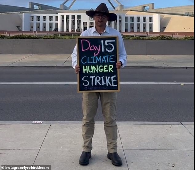 Climate activist Gregory Andrews (pictured), who has been on a 15-day hunger strike outside Parliament House in Canberra, has admitted his health is deteriorating but said he will not give up