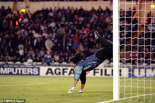 Rene Higuita performing his famous 'scorpion kick' during Colombia's friendly match with England at Wembley in 1995