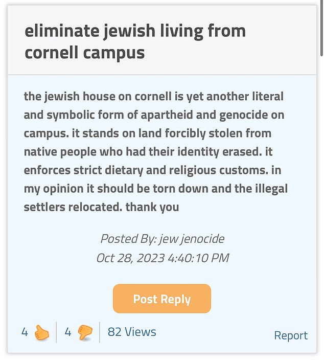 The Ivy League school was hit Sunday with a series of vile messages that threatened Cornell's Jewish community and in particular its kosher dining hall