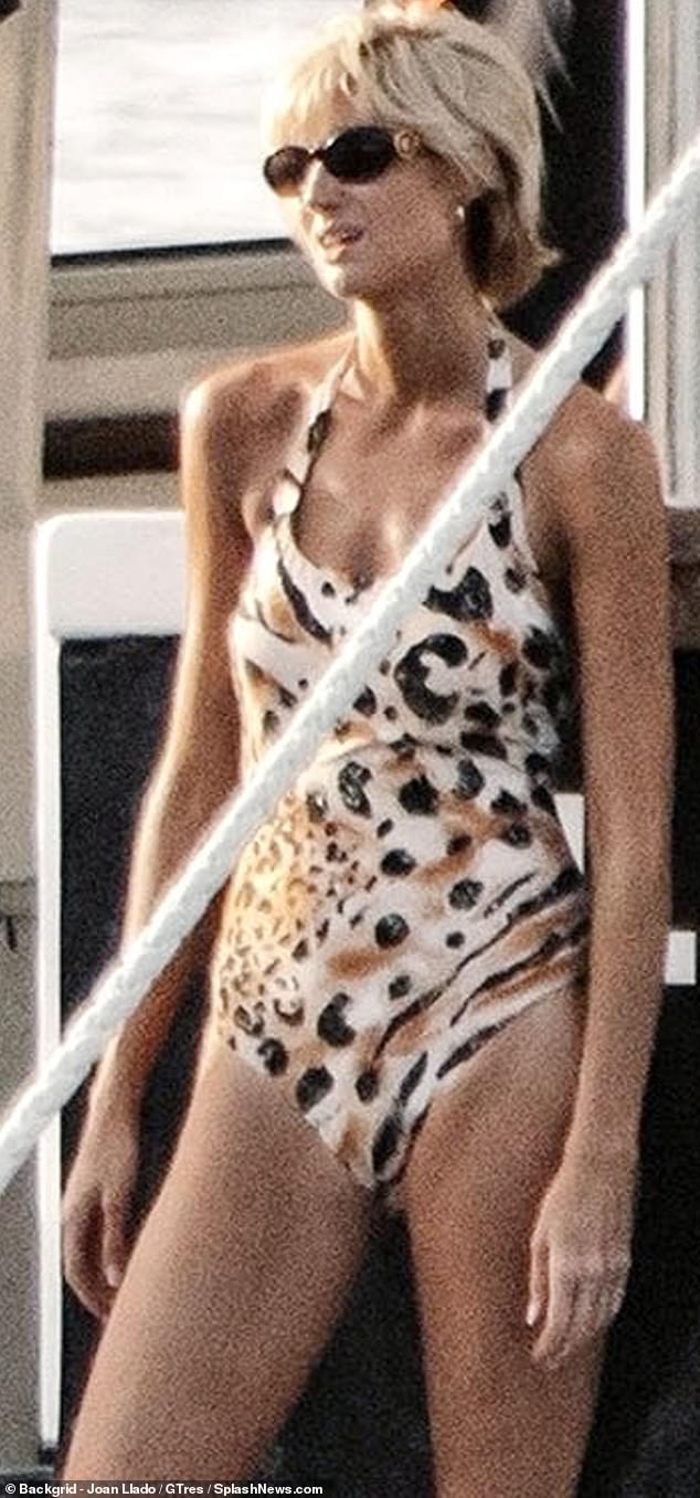 Actor Elizabeth Debicki is caught filming series six of The Crown.  The swimsuit she is wearing is a perfect replica of the swimsuit worn by Diana, Princess of Wales during her 1997 Mediterranean cruise with Dodi Al Fayed