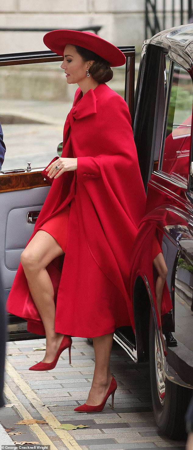 Pictured yesterday greeting the President and First Lady of South Korea during a state visit to London, Kate appeared to slightly misjudge the height of the car in relation to Tarmac and thus the pin of perfection emerged