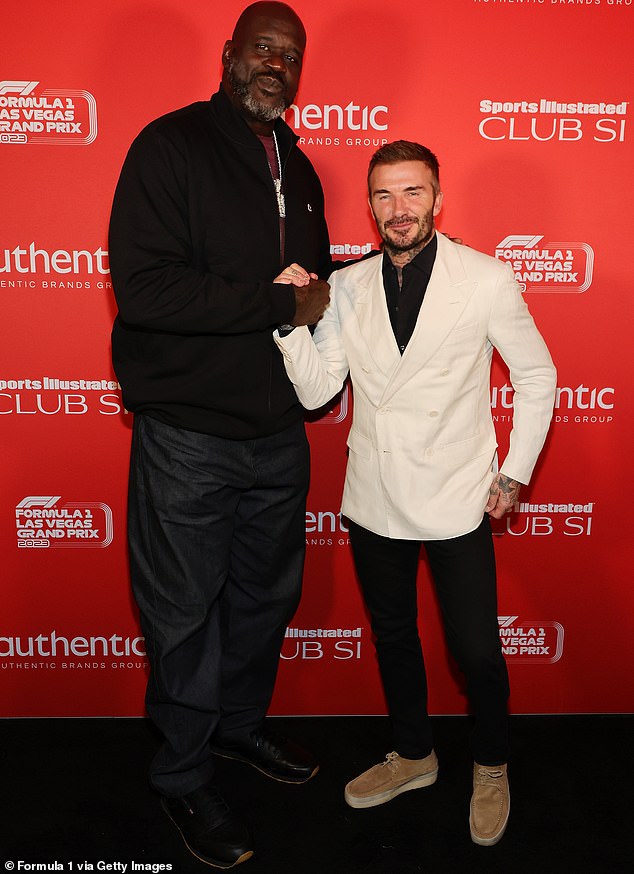 David Beckham and Shaquille O'Neal pose before their race night party in Las Vegas