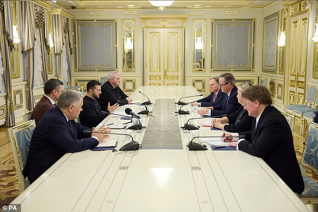 New Foreign Secretary Lord Cameron (third from right) meets Ukrainian President Volodymyr Zelensky (third from left) in Kiev