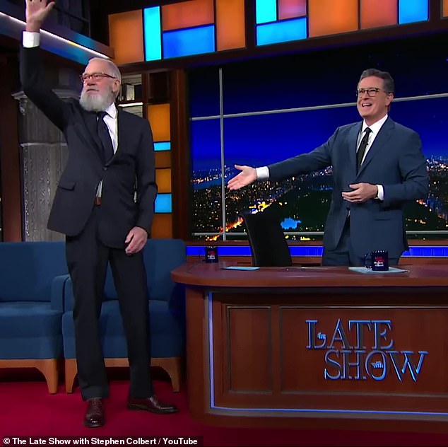 Big return: David Letterman, 76, stopped by his old talk show The Late Show on Monday for a chat with Stephen Colbert