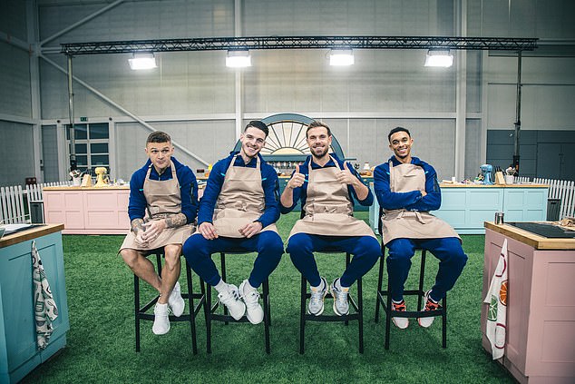 England stars Kieran Trippier (far left), Declan Rice (second from left), Jordan Henderson (second from right) and Trent Alexander-Arnold (far right) all took on the Great British Bake Off challenge