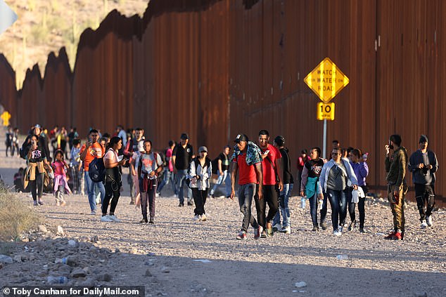 DailyMail.com saw at least 550 people enter Arizona in just over an hour Thursday evening just a short distance from the border with Mexico