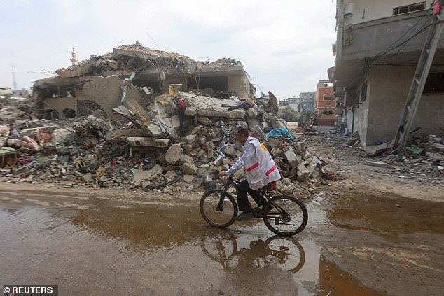 Palestinian doctor Hassan Zain al Din, who travels on his bicycle from one makeshift shelter to another to treat displaced patients and provide medicine