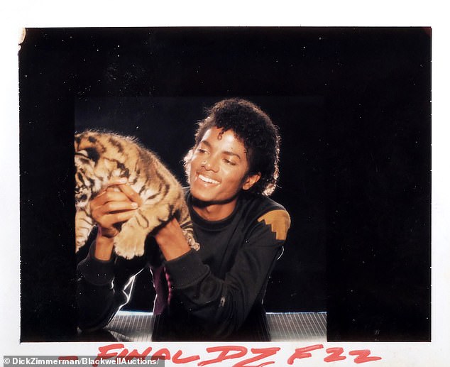 Michael Jackson with a baby tiger.  The image is from the series of five test photos Zimmerman took for the shoot